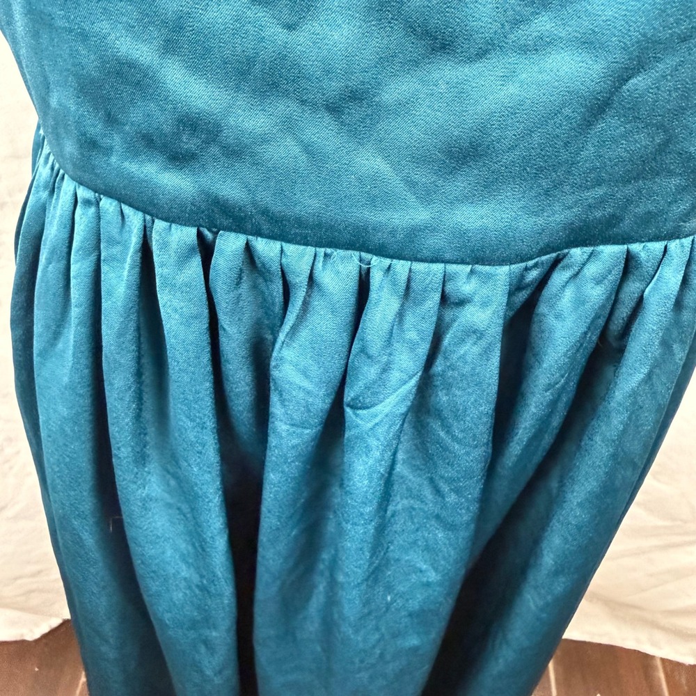 Labera Satin Teal Blue Halter Maxi Dress Plunging Bodice Formal Classic Timeless - Picture 3 of 8